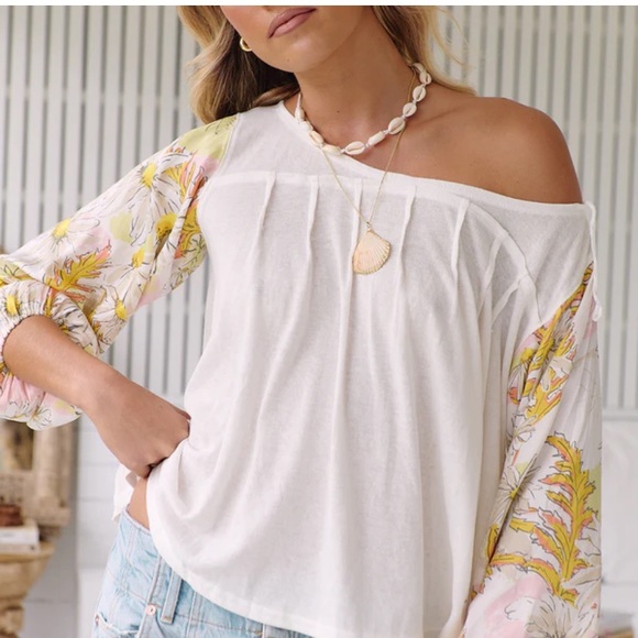 Free People Picking Petals Floral Balloon Sleeve Ivory Yellow Women’s L NWOT - Picture 5 of 13